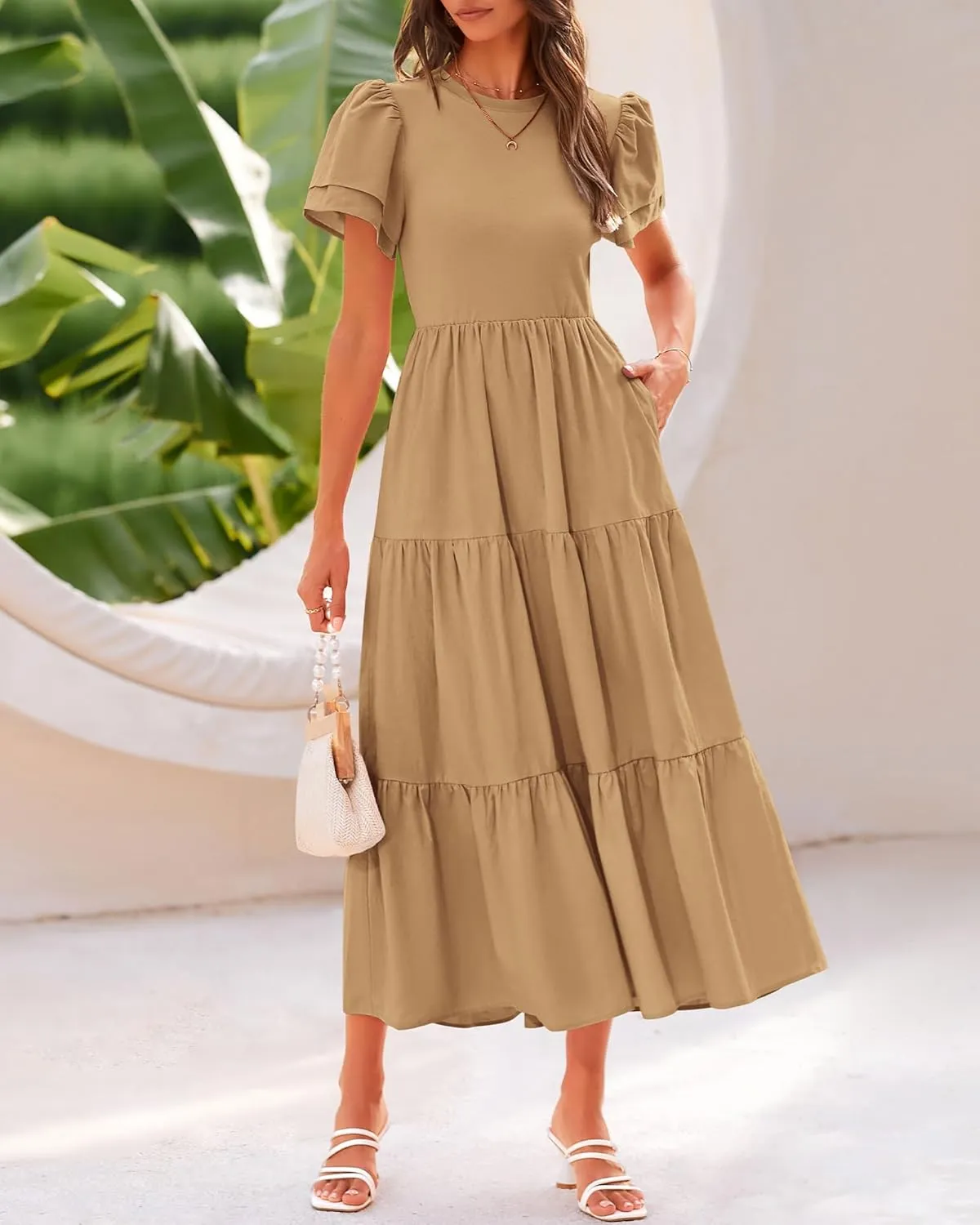 BTFBM Women Casual Summer Dresses 2025 Spring Crewneck Short Sleeve Tiered Flowy Boho Maxi Beach Vacation Dress Pockets