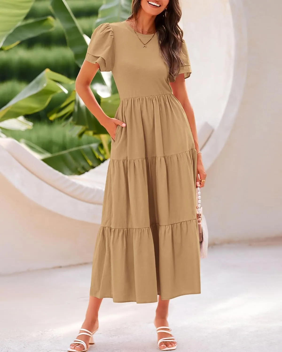 BTFBM Women Casual Summer Dresses 2025 Spring Crewneck Short Sleeve Tiered Flowy Boho Maxi Beach Vacation Dress Pockets