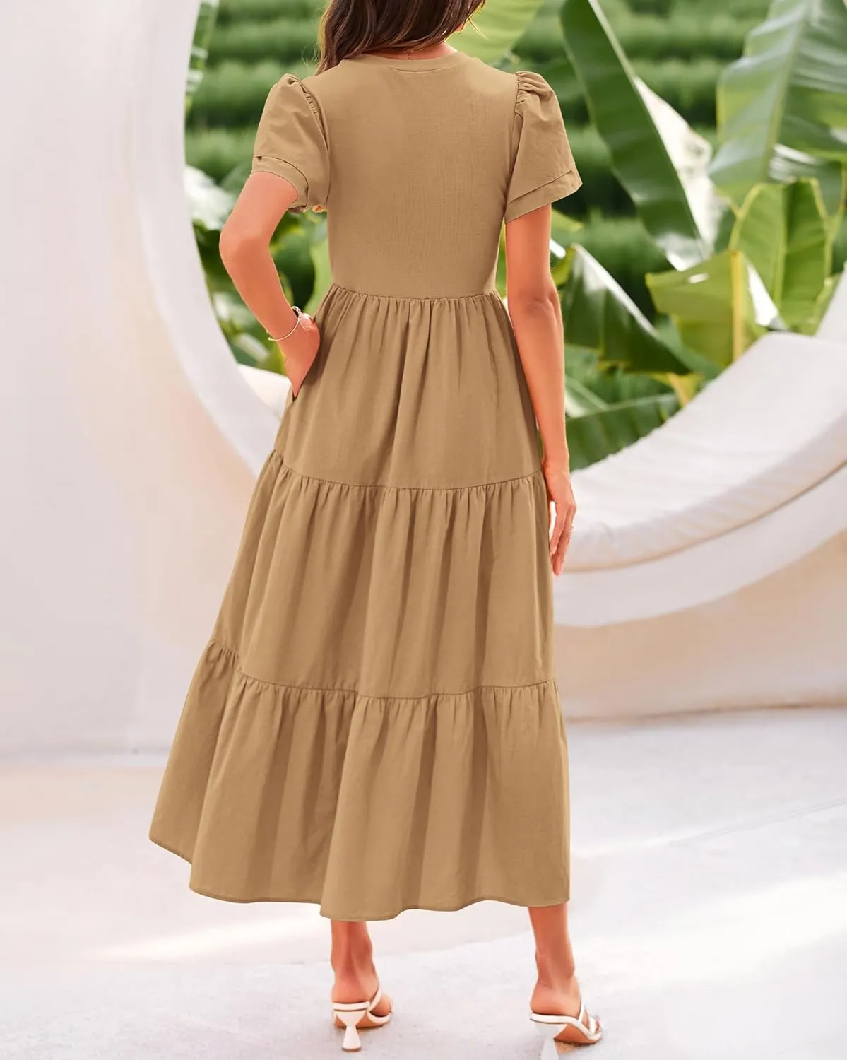 BTFBM Women Casual Summer Dresses 2025 Spring Crewneck Short Sleeve Tiered Flowy Boho Maxi Beach Vacation Dress Pockets