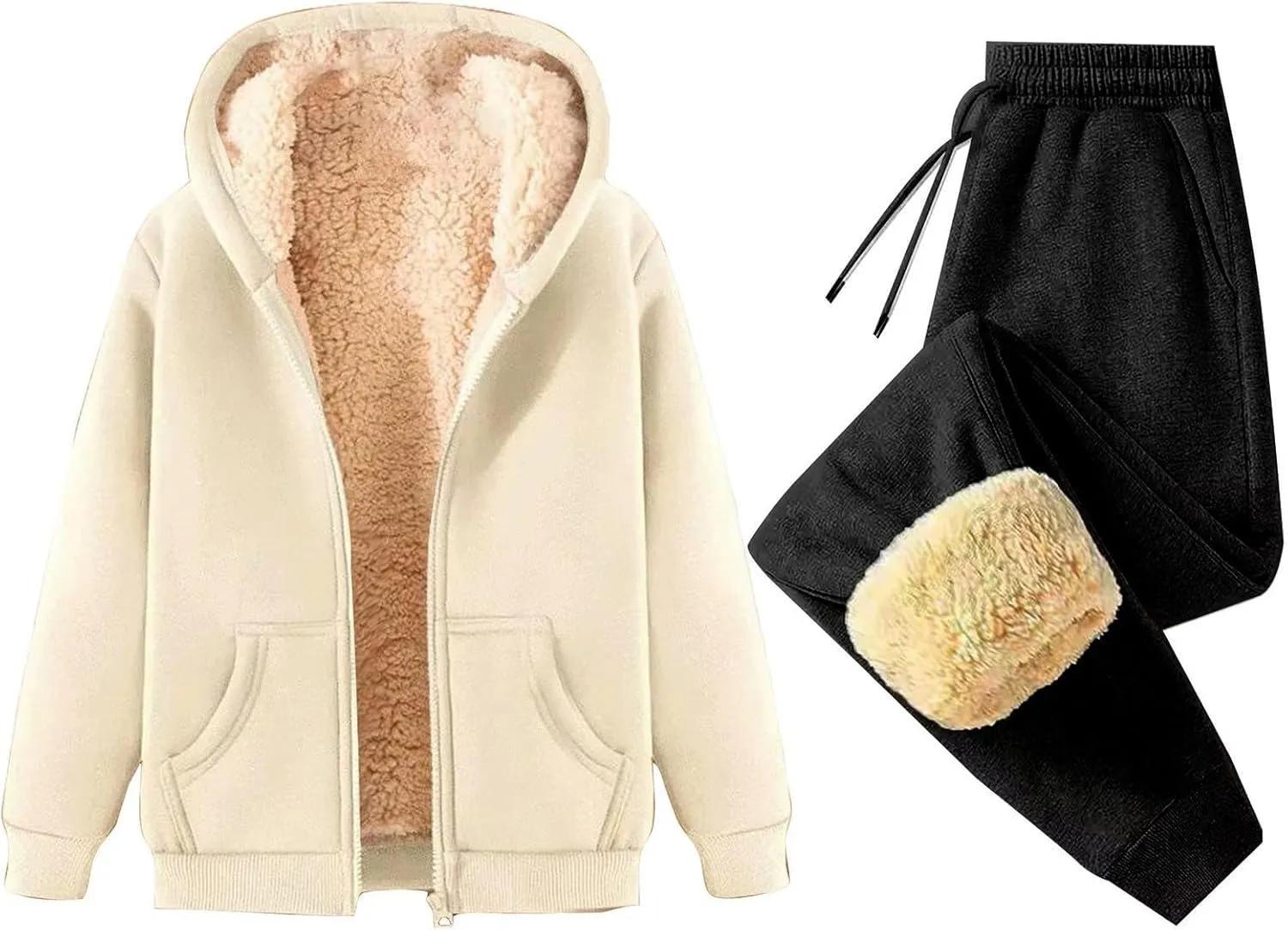 Canbebig 2 Piece Outfits Women Sherpa Fleece Lined Sweatsuits Zip Up Hoodie and Sweatpants Sets Matching Sets Warm Sets