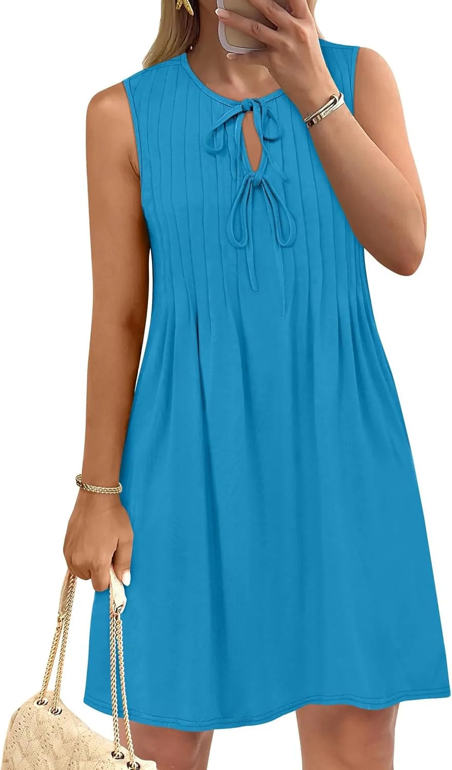Caracilia Dresses for Women Summer Casual Sleeveless Self Tie Front Pleated Mini Sundress Swing Beach Vacation Dress 2025