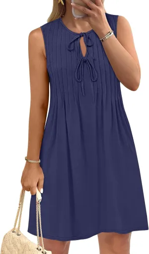 Caracilia Dresses for Women Summer Casual Sleeveless Self Tie Front Pleated Mini Sundress Swing Beach Vacation Dress 2025