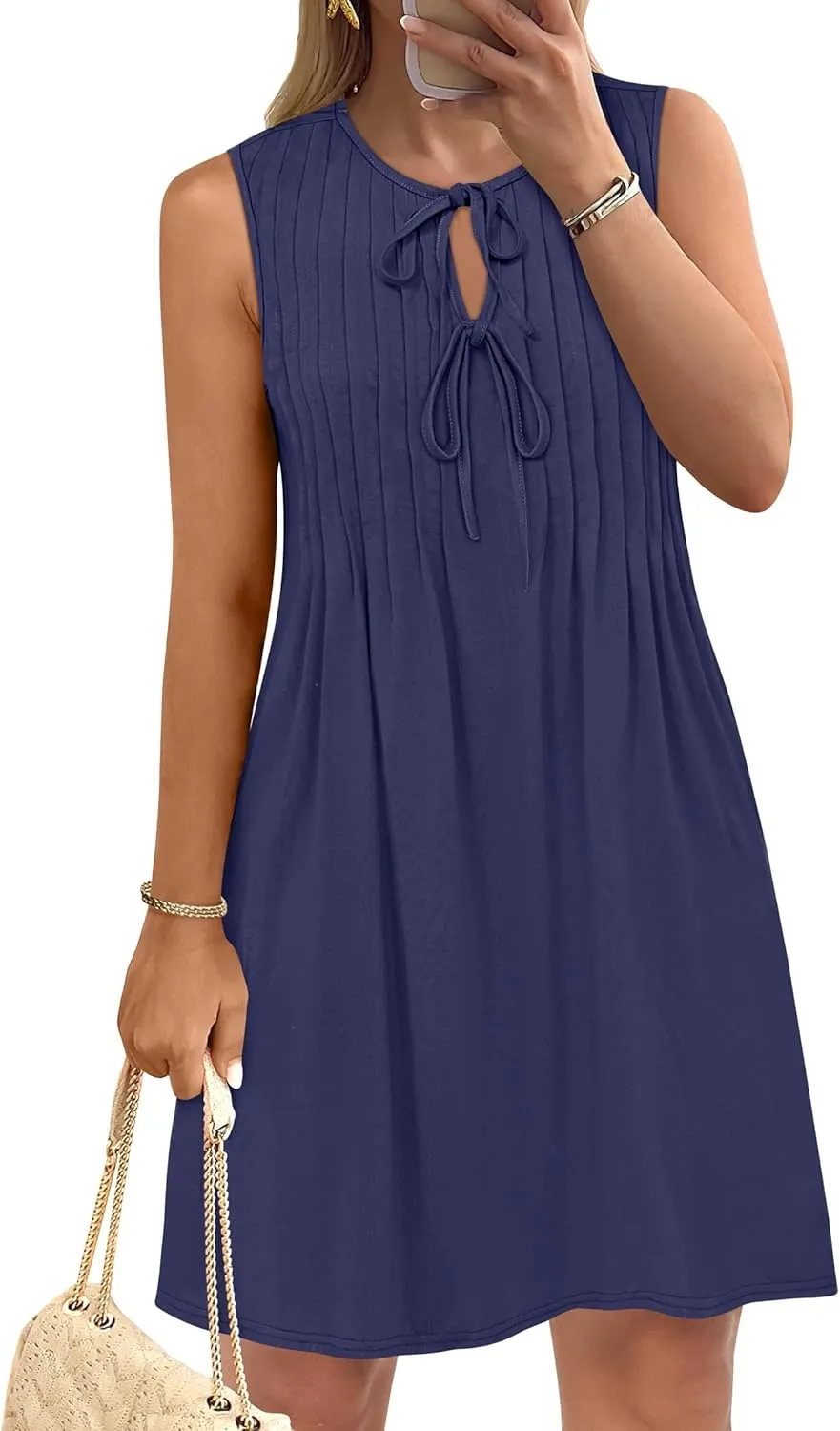 Caracilia Dresses for Women Summer Casual Sleeveless Self Tie Front Pleated Mini Sundress Swing Beach Vacation Dress 2025