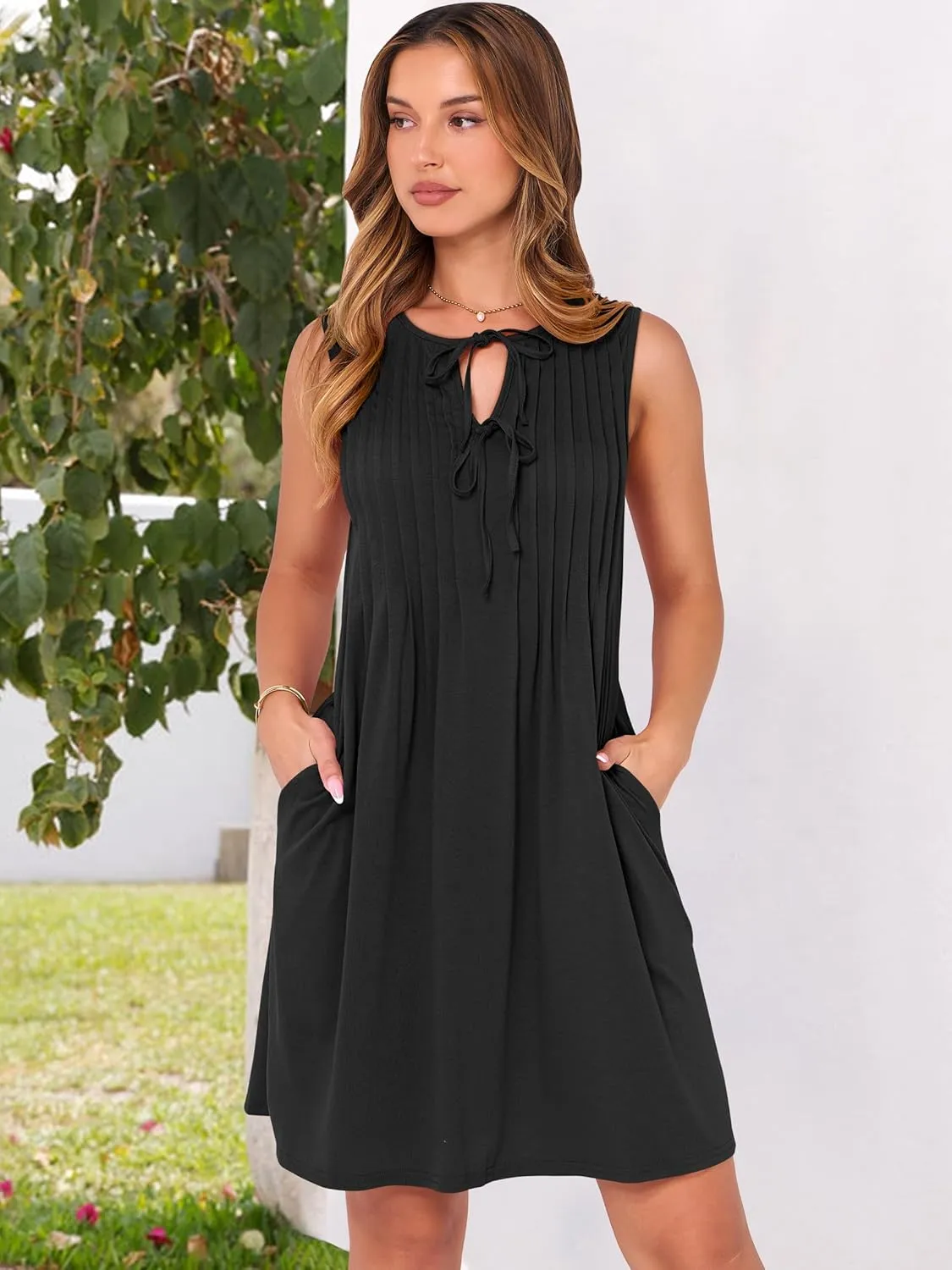 Caracilia Dresses for Women Summer Casual Sleeveless Self Tie Front Pleated Mini Sundress Swing Beach Vacation Dress 2025