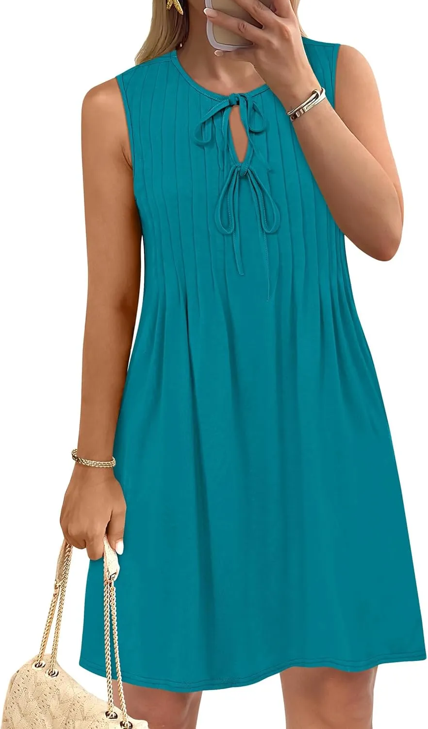 Caracilia Dresses for Women Summer Casual Sleeveless Self Tie Front Pleated Mini Sundress Swing Beach Vacation Dress 2025