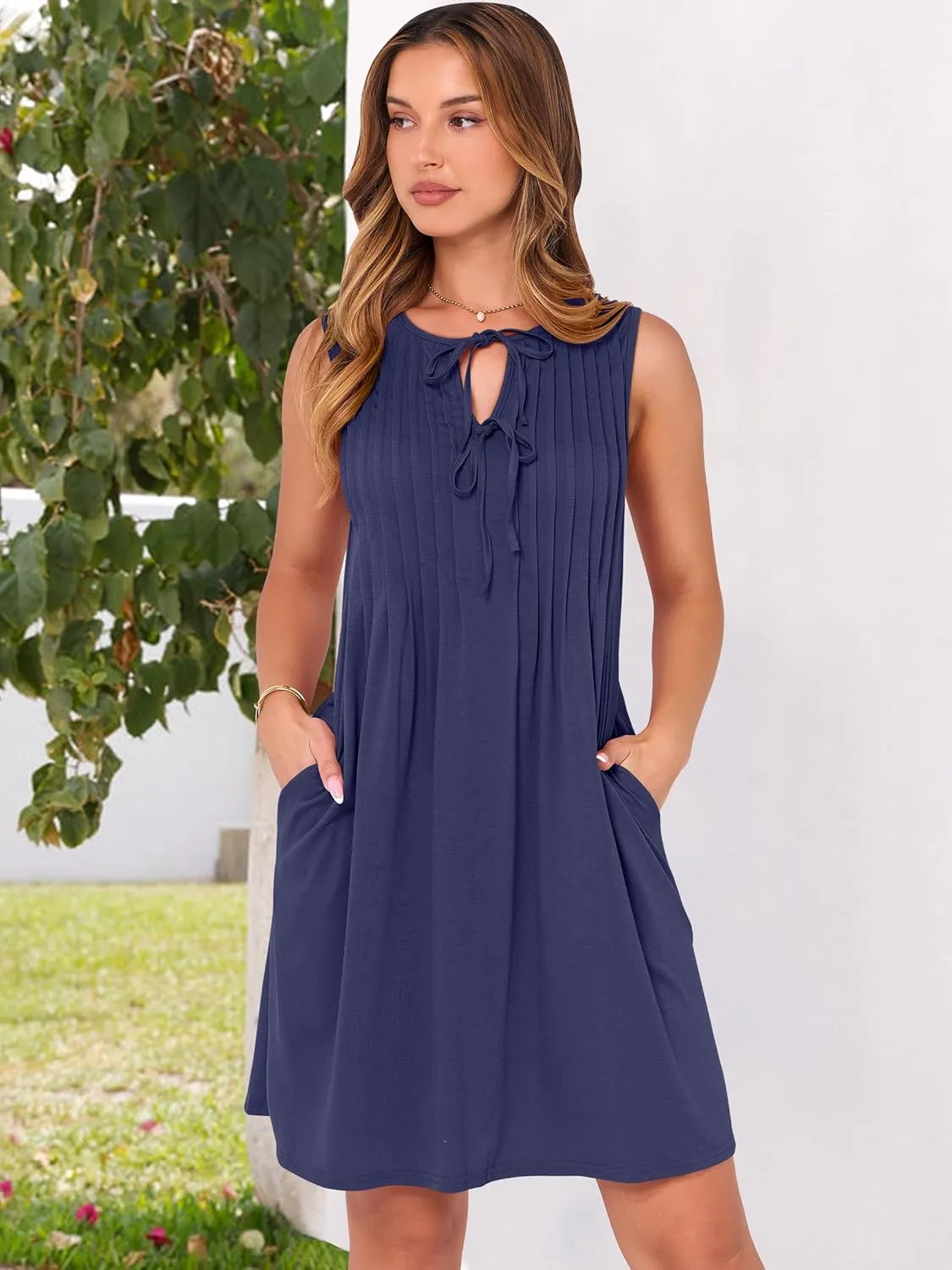 Caracilia Dresses for Women Summer Casual Sleeveless Self Tie Front Pleated Mini Sundress Swing Beach Vacation Dress 2025