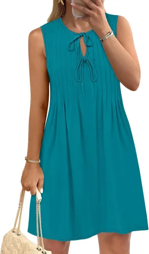 Caracilia Dresses for Women Summer Casual Sleeveless Self Tie Front Pleated Mini Sundress Swing Beach Vacation Dress 2025