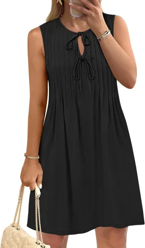 Caracilia Dresses for Women Summer Casual Sleeveless Self Tie Front Pleated Mini Sundress Swing Beach Vacation Dress 2025