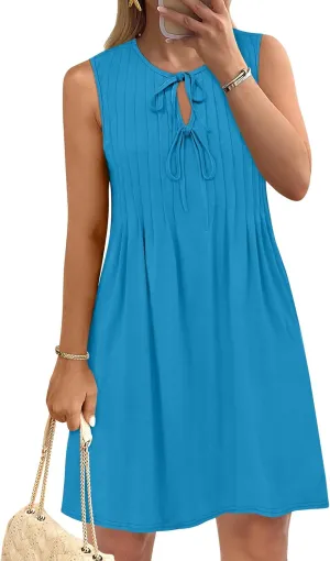 Caracilia Dresses for Women Summer Casual Sleeveless Self Tie Front Pleated Mini Sundress Swing Beach Vacation Dress 2025