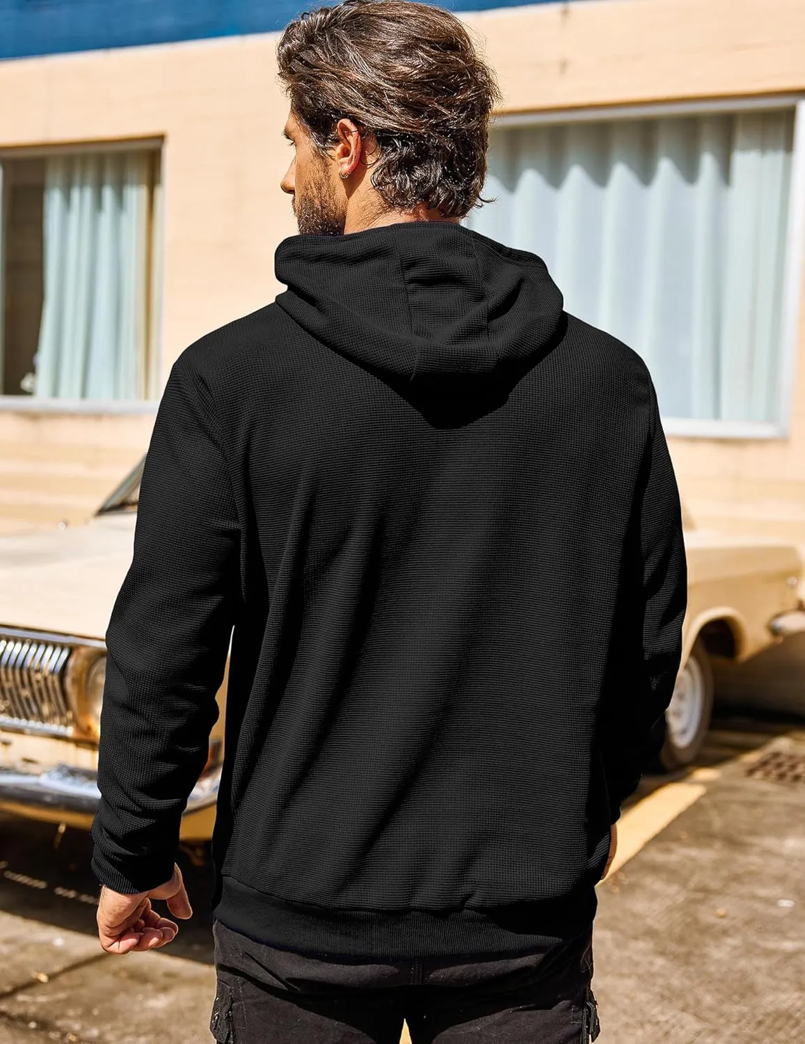 COOFANDY Men's Hooded Sweatshirts Long Sleeve Casual Pullover Hoodie Waffle Knit Sweatshirt with Pocket