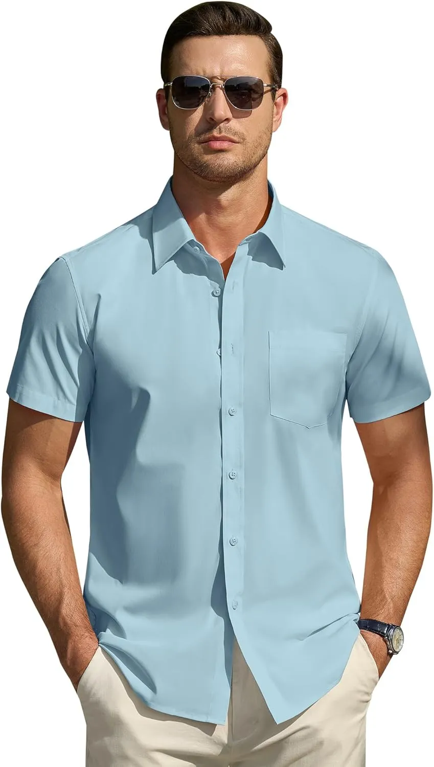 DEMEANOR Cotton Mens Dress Shirts Short Sleeve Button Down Shirts Formal Summer Dress Shirt Casual Button Up Shirts Men