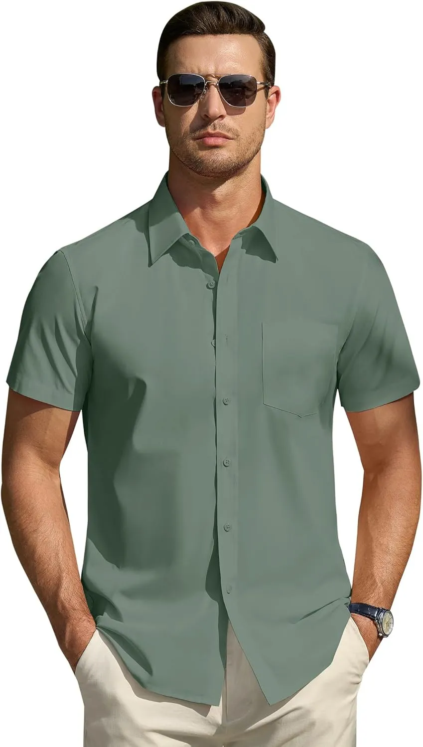 DEMEANOR Cotton Mens Dress Shirts Short Sleeve Button Down Shirts Formal Summer Dress Shirt Casual Button Up Shirts Men