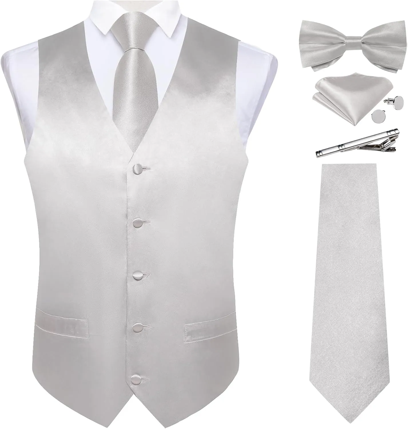DiBanGu Suit Vest for Men Vest Set with Tie Bowtie Tie Clip Pocket Square Cufflinks 6Pcs Waistcoat