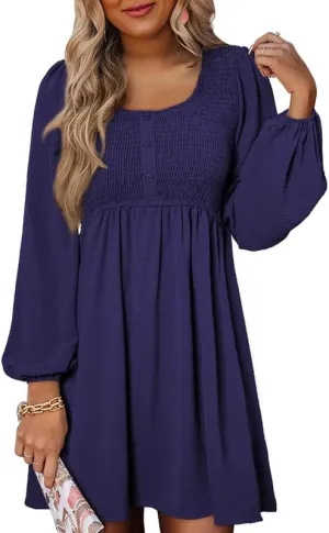 Dokotoo Womens 2025 Casual Dress Smocked Crewneck Button Up Long Sleeve Empire Waist A-Line Mini Dress