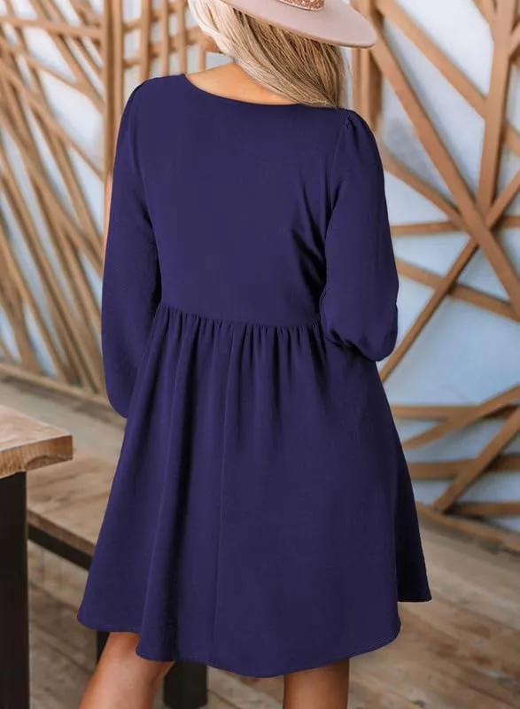Dokotoo Womens 2025 Casual Dress Smocked Crewneck Button Up Long Sleeve Empire Waist A-Line Mini Dress