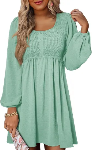 Dokotoo Womens 2025 Casual Dress Smocked Crewneck Button Up Long Sleeve Empire Waist A-Line Mini Dress