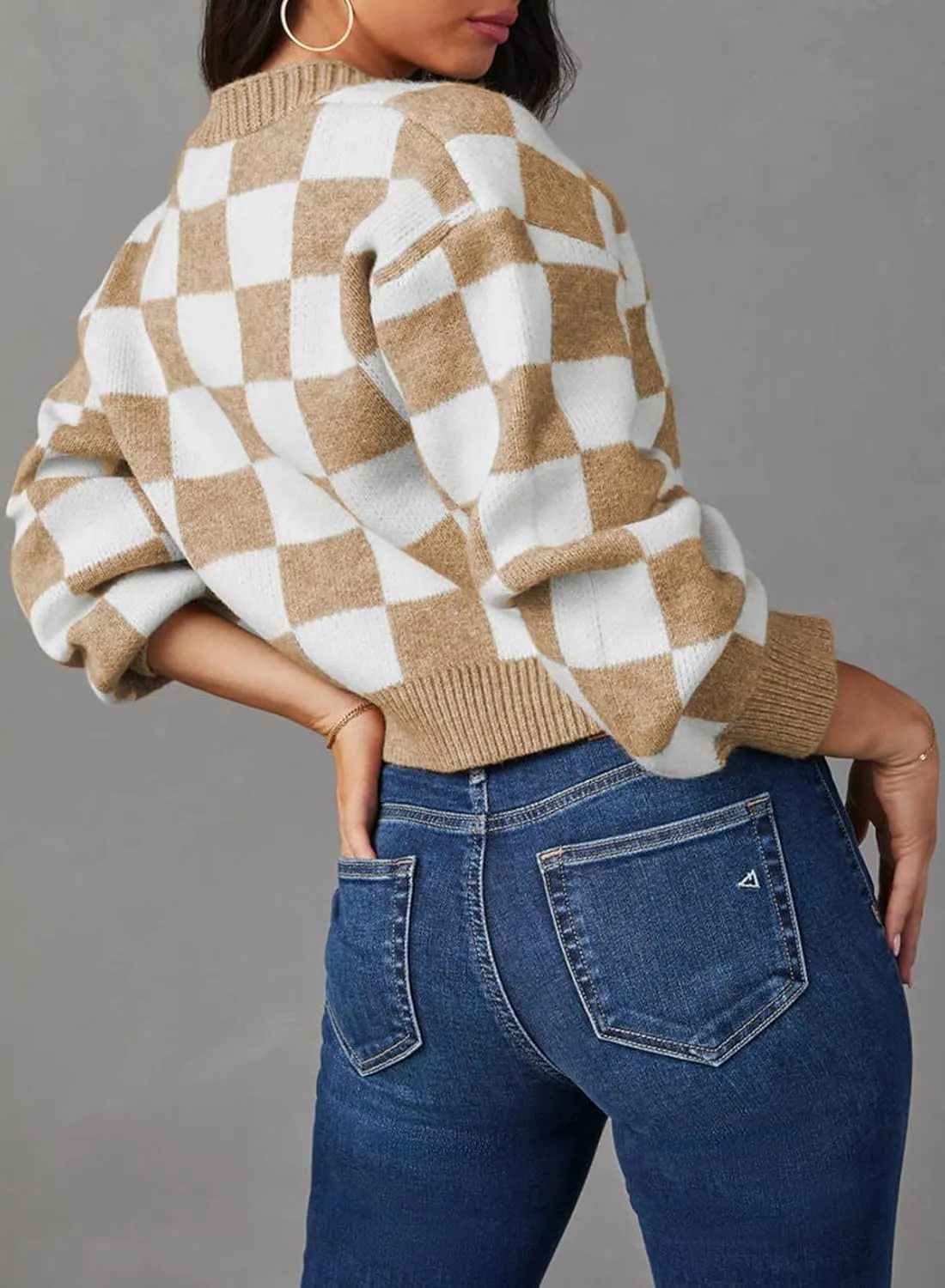 Dokotoo Womens Checkered V Neck Button Down Long Sleeve Cable Knit Cropped Cardigan Sweaters Tops