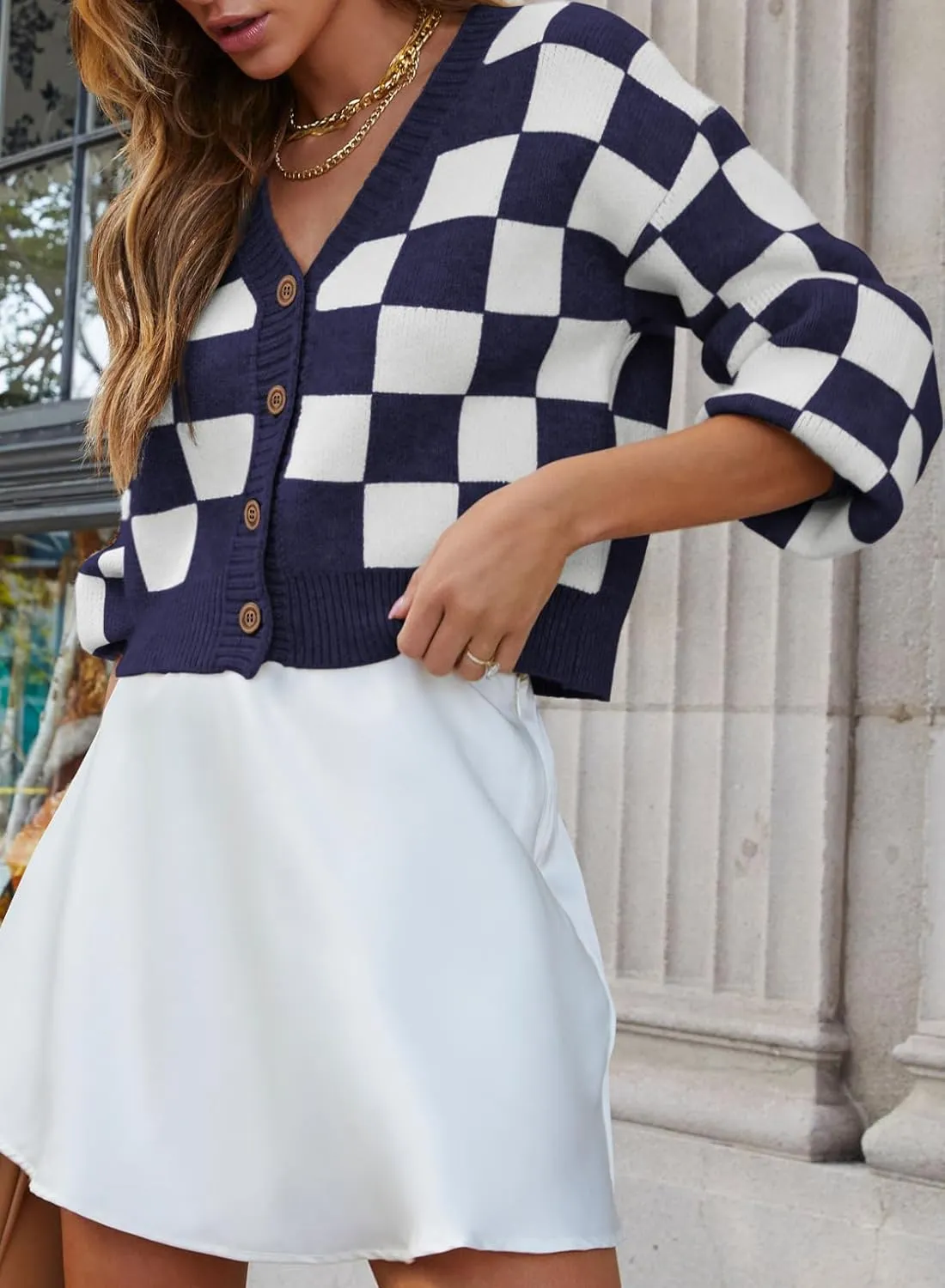 Dokotoo Womens Checkered V Neck Button Down Long Sleeve Cable Knit Cropped Cardigan Sweaters Tops