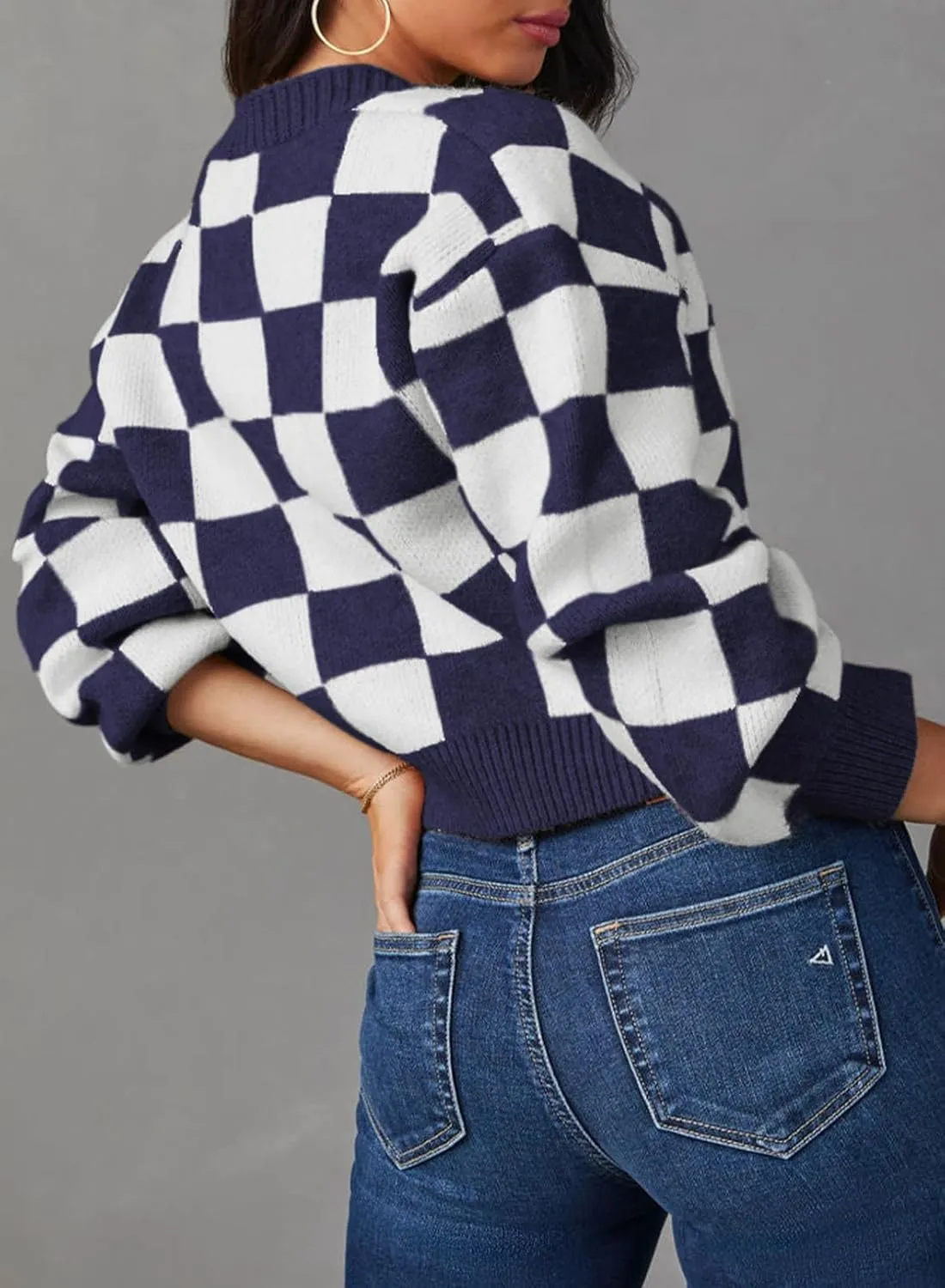 Dokotoo Womens Checkered V Neck Button Down Long Sleeve Cable Knit Cropped Cardigan Sweaters Tops