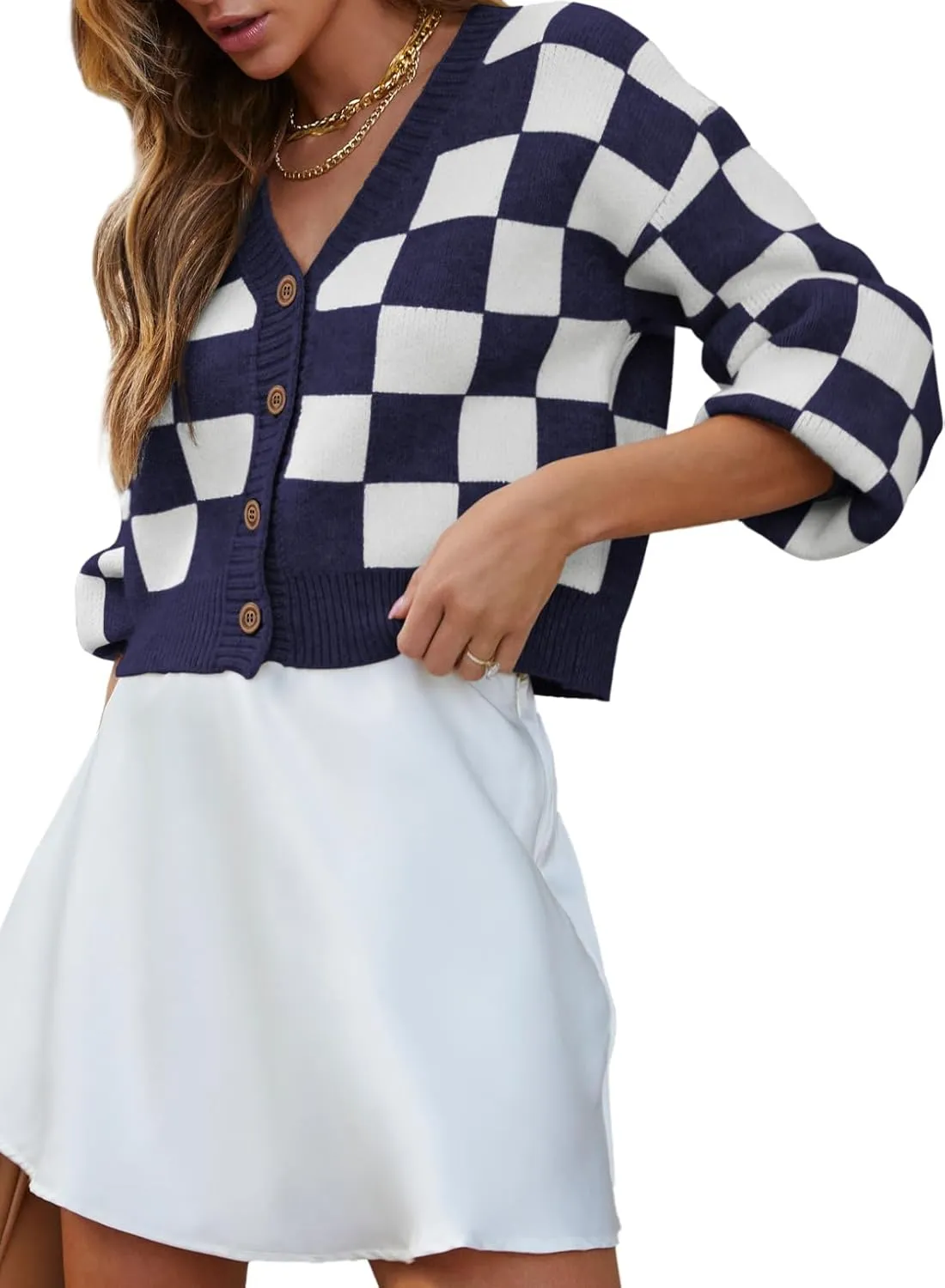 Dokotoo Womens Checkered V Neck Button Down Long Sleeve Cable Knit Cropped Cardigan Sweaters Tops