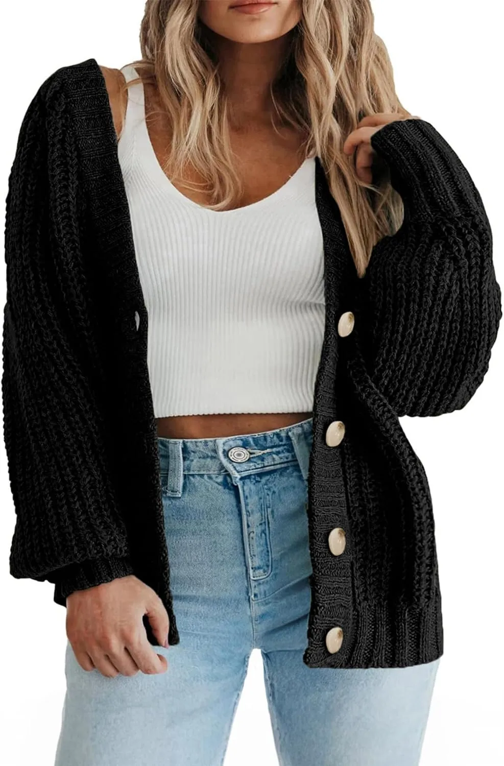 Eytino Womens Plus Size Cardigan Sweater Long Sleeve Button Down Chunky Knit Open Front Cardigans Outwear(1X-5X)