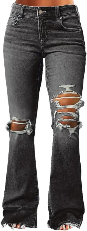 Flamingals Women's Bootcut Jeans Ripped Mid Rise Stretchy Tummy Control Cut Out Raw Hem Denim Jeans
