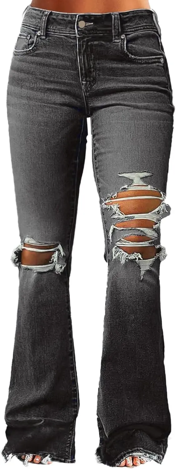 Flamingals Women's Bootcut Jeans Ripped Mid Rise Stretchy Tummy Control Cut Out Raw Hem Denim Jeans