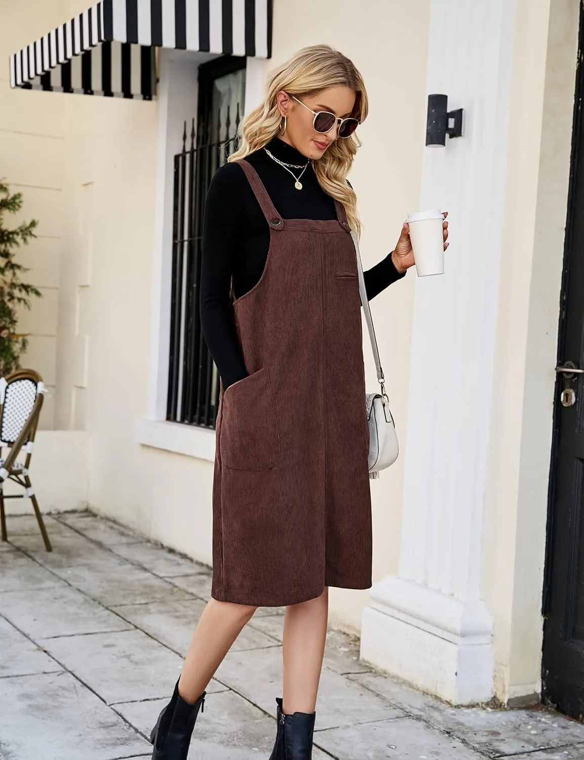 Flygo Women's Corduroy Jumper Overall Pinafore Midi Dress Skirt with Pockets
