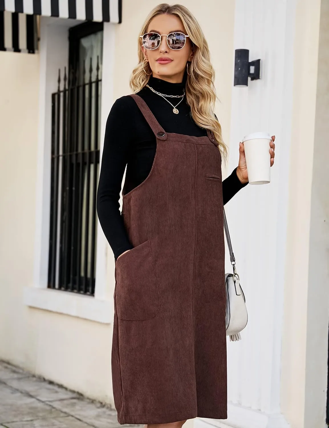 Flygo Women's Corduroy Jumper Overall Pinafore Midi Dress Skirt with Pockets