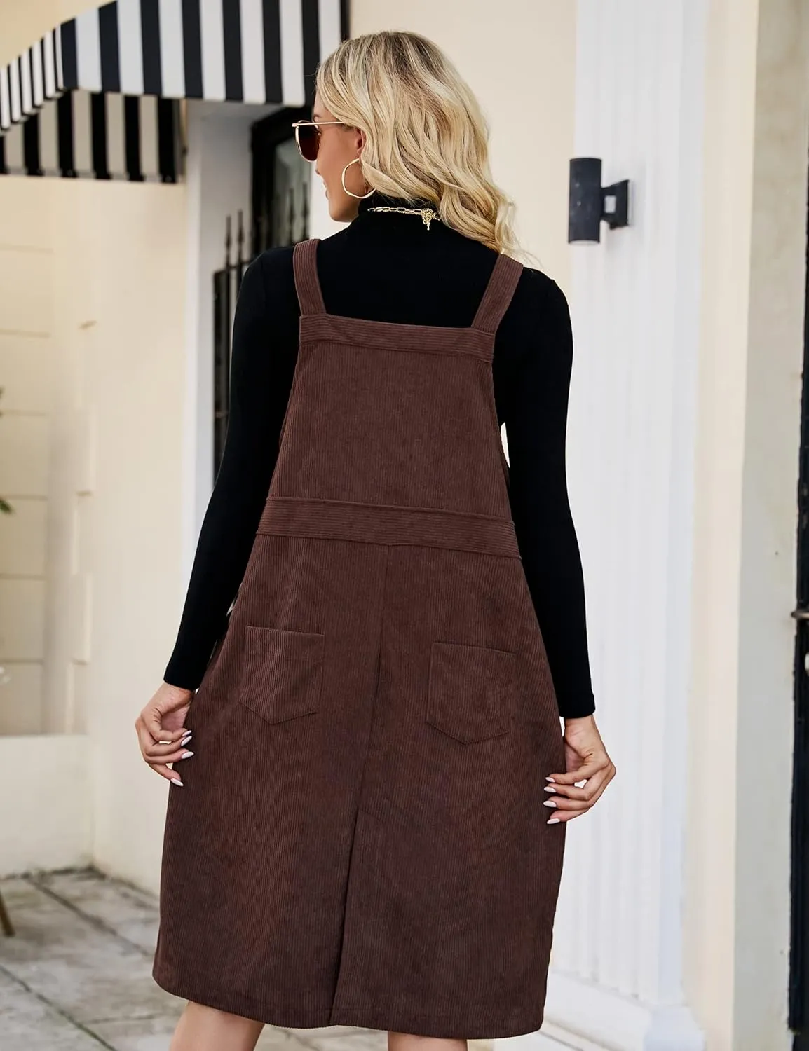 Flygo Women's Corduroy Jumper Overall Pinafore Midi Dress Skirt with Pockets