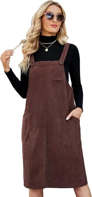 Flygo Women's Corduroy Jumper Overall Pinafore Midi Dress Skirt with Pockets
