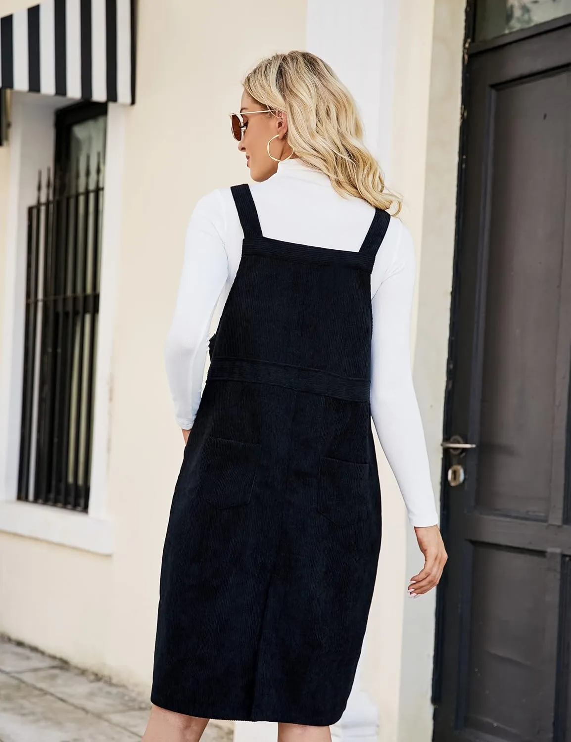 Flygo Women's Corduroy Jumper Overall Pinafore Midi Dress Skirt with Pockets
