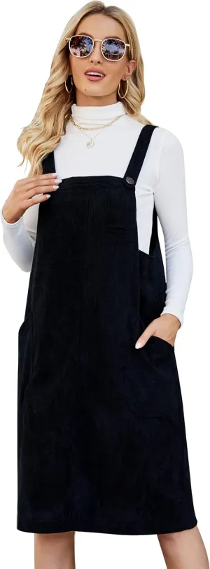 Flygo Women's Corduroy Jumper Overall Pinafore Midi Dress Skirt with Pockets