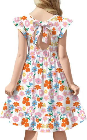 Girls Dress Tie Back Flared Sleeve Ruffle Hem A-Line Sundress Casual Midi Dresses 4-12 Years