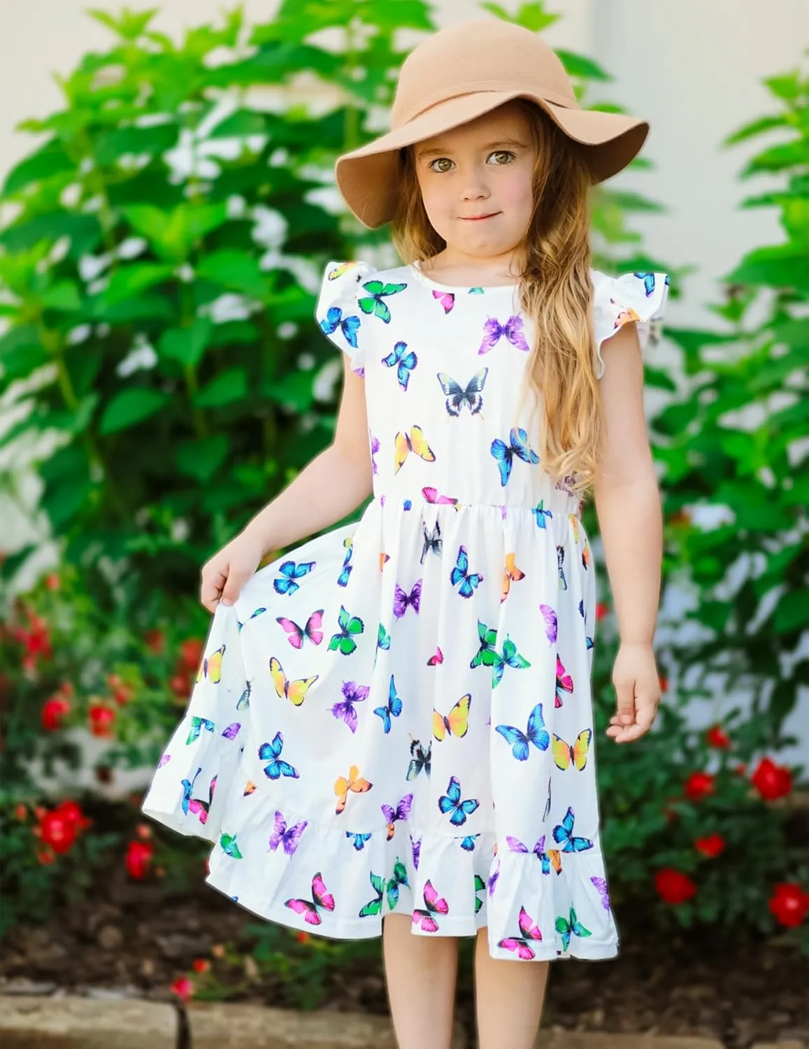 Girls Dress Tie Back Flared Sleeve Ruffle Hem A-Line Sundress Casual Midi Dresses 4-12 Years