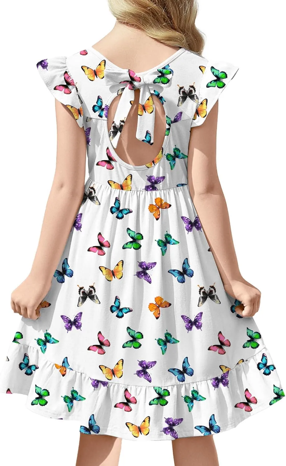 Girls Dress Tie Back Flared Sleeve Ruffle Hem A-Line Sundress Casual Midi Dresses 4-12 Years