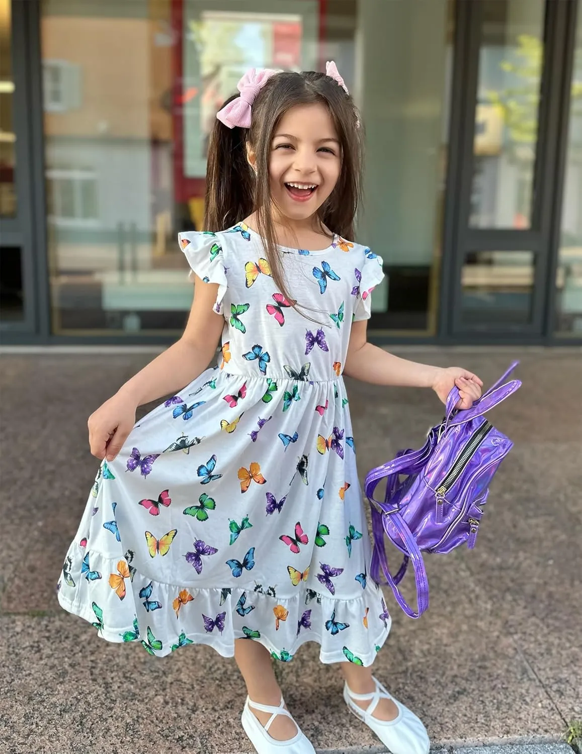 Girls Dress Tie Back Flared Sleeve Ruffle Hem A-Line Sundress Casual Midi Dresses 4-12 Years