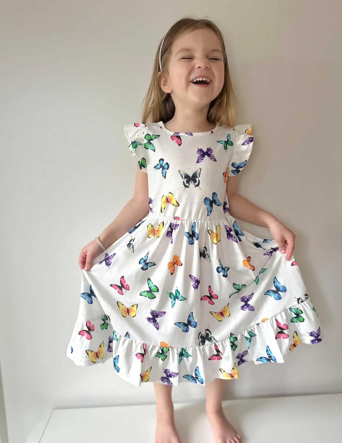 Girls Dress Tie Back Flared Sleeve Ruffle Hem A-Line Sundress Casual Midi Dresses 4-12 Years