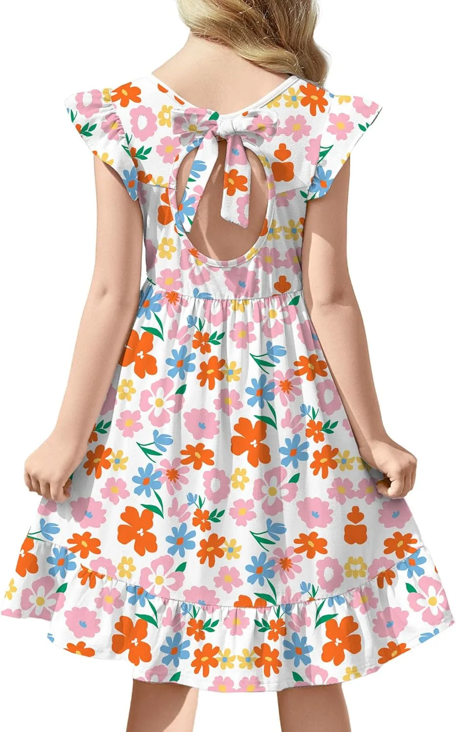 Girls Dress Tie Back Flared Sleeve Ruffle Hem A-Line Sundress Casual Midi Dresses 4-12 Years