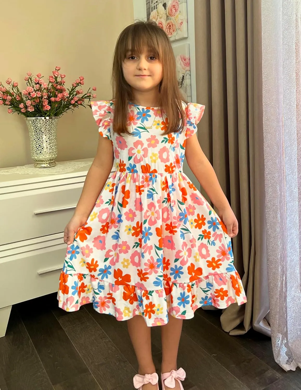 Girls Dress Tie Back Flared Sleeve Ruffle Hem A-Line Sundress Casual Midi Dresses 4-12 Years