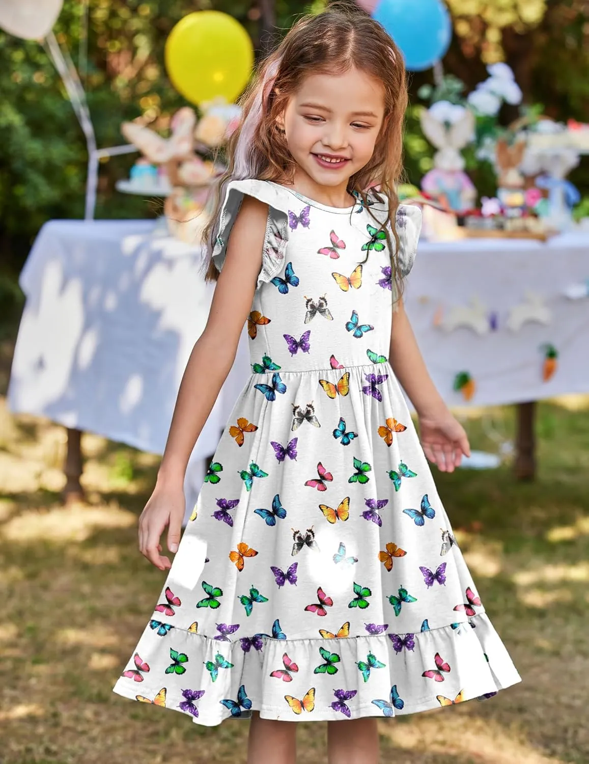 Girls Dress Tie Back Flared Sleeve Ruffle Hem A-Line Sundress Casual Midi Dresses 4-12 Years