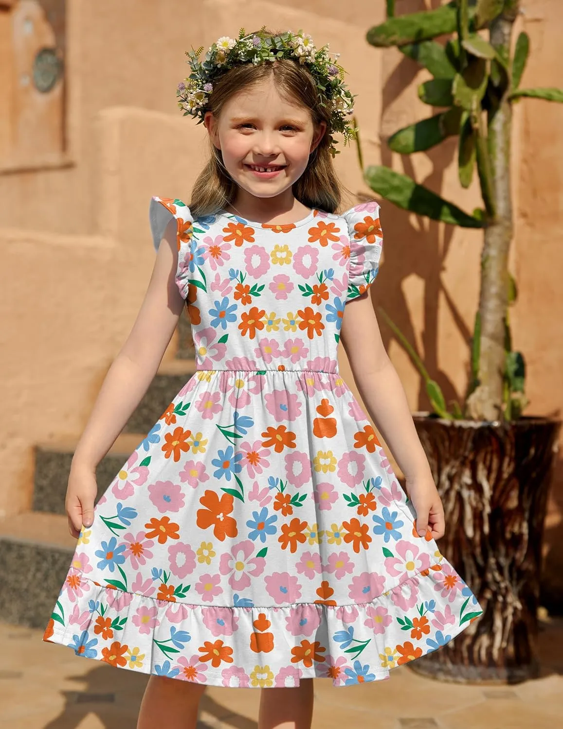 Girls Dress Tie Back Flared Sleeve Ruffle Hem A-Line Sundress Casual Midi Dresses 4-12 Years