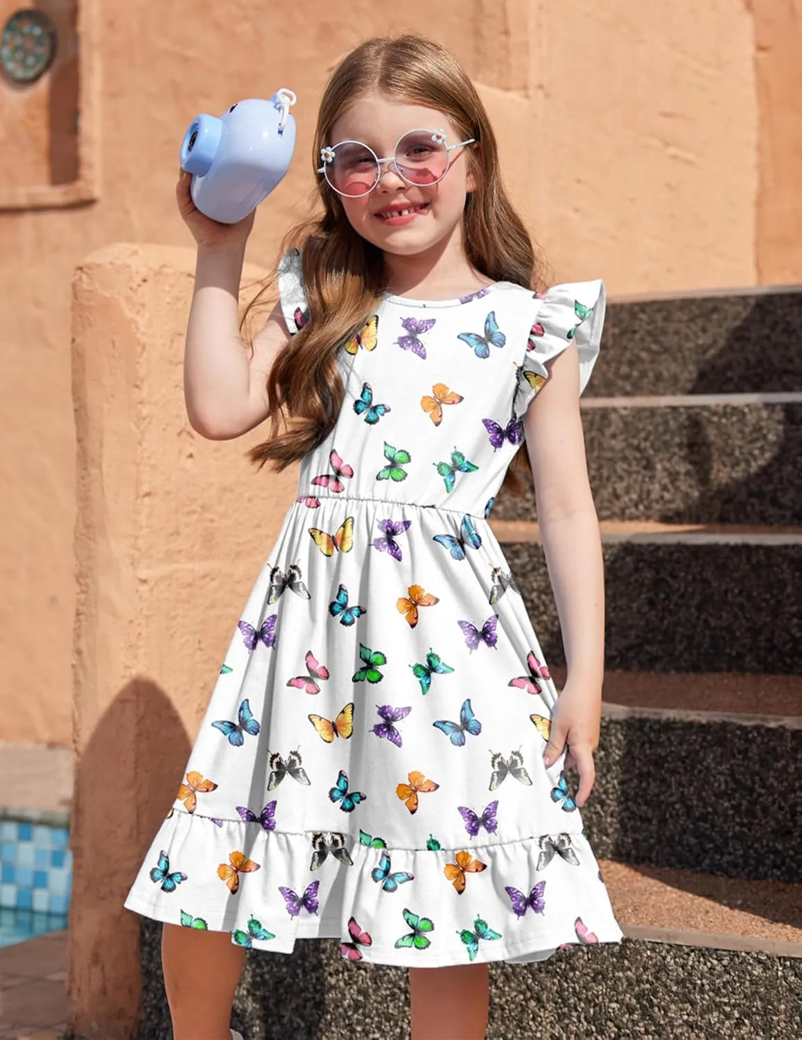 Girls Dress Tie Back Flared Sleeve Ruffle Hem A-Line Sundress Casual Midi Dresses 4-12 Years