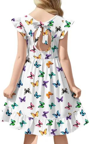 Girls Dress Tie Back Flared Sleeve Ruffle Hem A-Line Sundress Casual Midi Dresses 4-12 Years