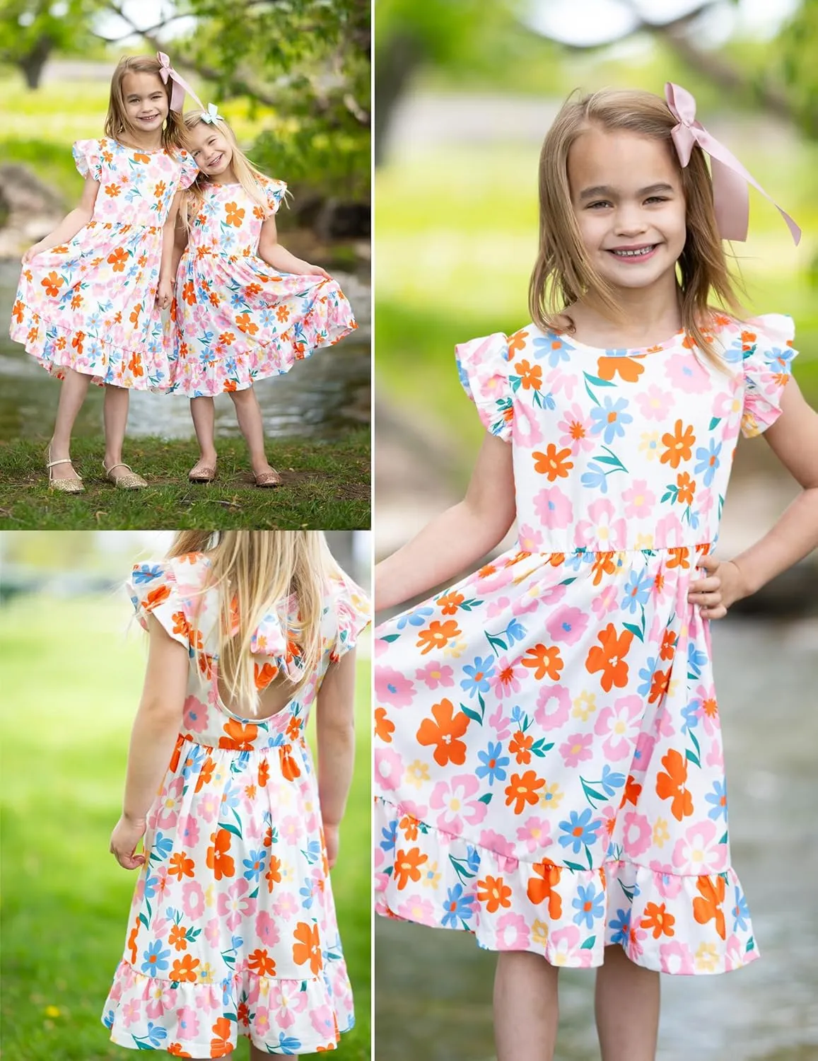 Girls Dress Tie Back Flared Sleeve Ruffle Hem A-Line Sundress Casual Midi Dresses 4-12 Years