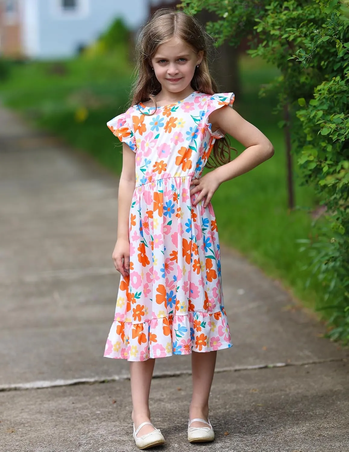 Girls Dress Tie Back Flared Sleeve Ruffle Hem A-Line Sundress Casual Midi Dresses 4-12 Years