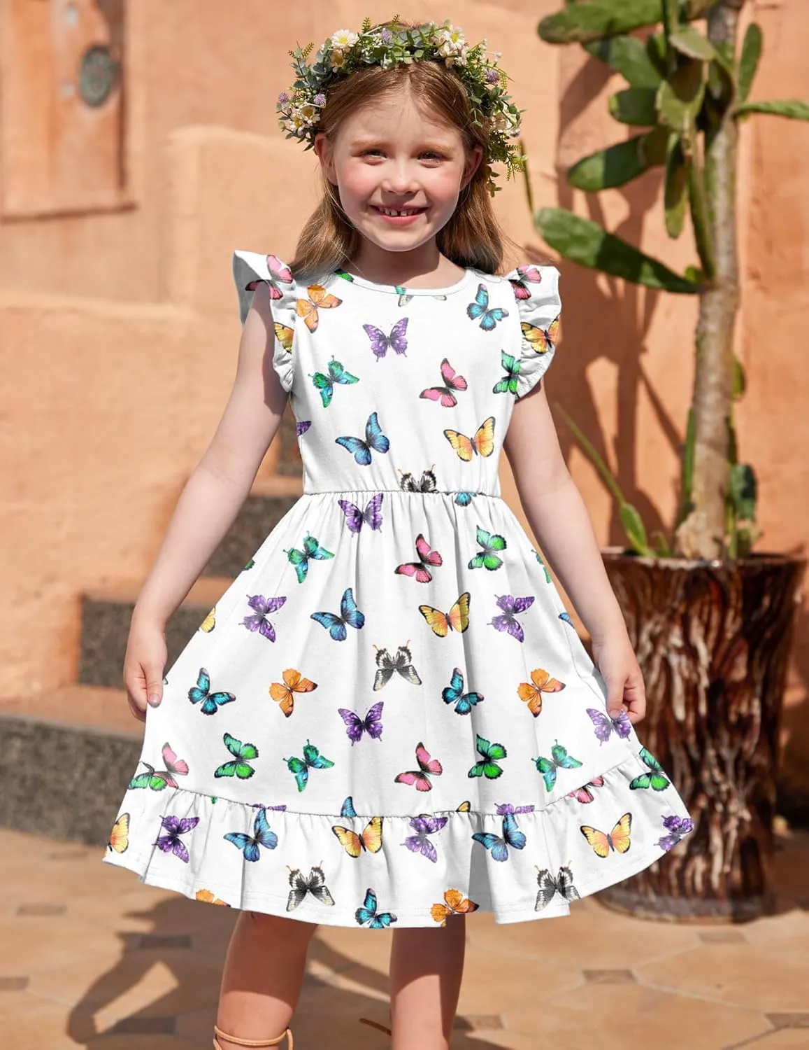 Girls Dress Tie Back Flared Sleeve Ruffle Hem A-Line Sundress Casual Midi Dresses 4-12 Years