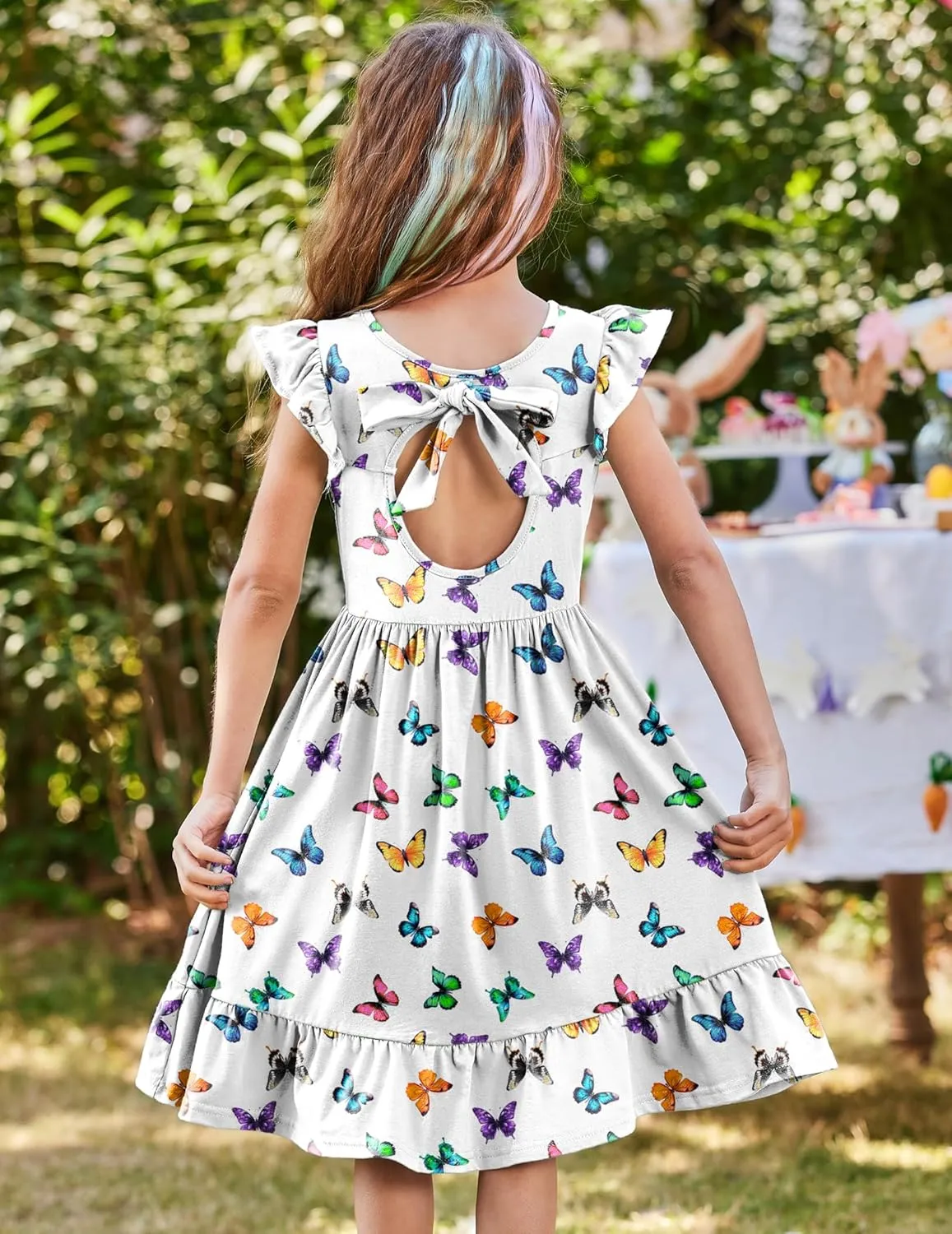 Girls Dress Tie Back Flared Sleeve Ruffle Hem A-Line Sundress Casual Midi Dresses 4-12 Years