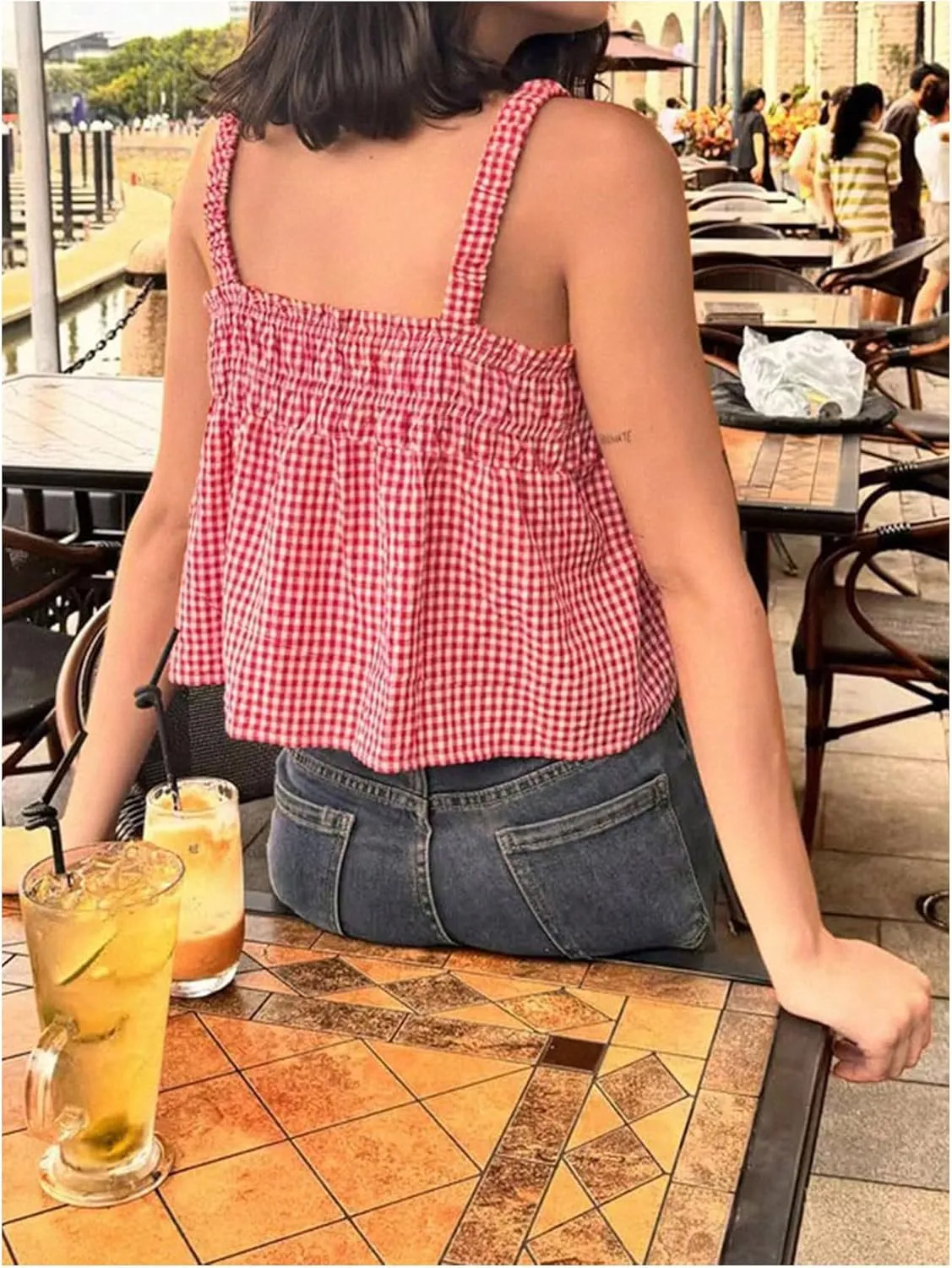 GORGLITTER Women's Y2k Gingham Cute Babydoll Crop Tops Sleeveless Bow Tie Going Out Tank Top