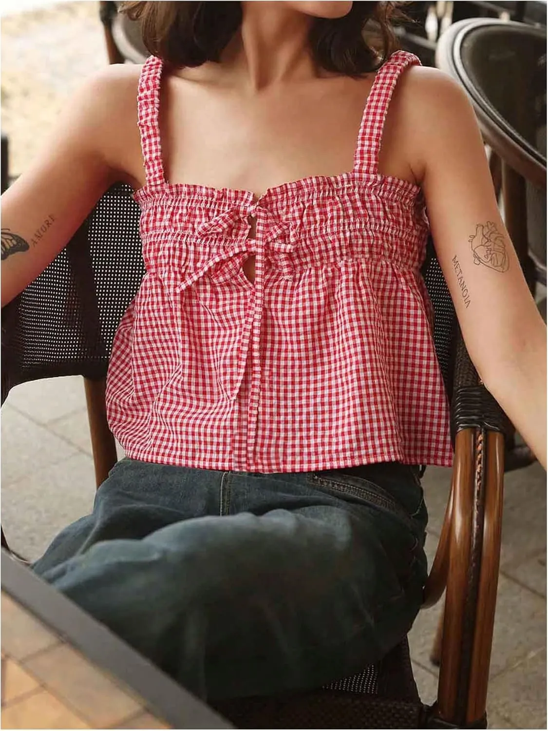 GORGLITTER Women's Y2k Gingham Cute Babydoll Crop Tops Sleeveless Bow Tie Going Out Tank Top